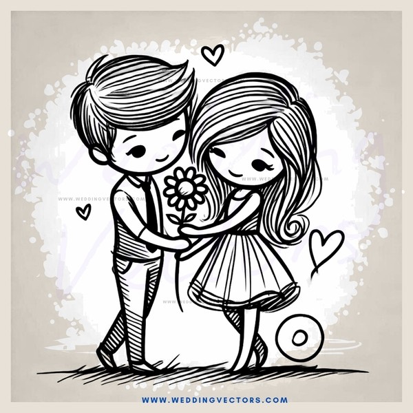 young couple holding flowers and hearts