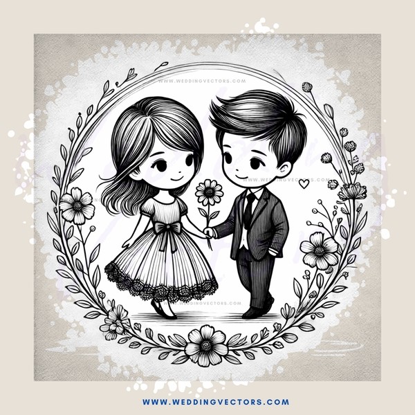 a boy and girl holding flowers inside an oval