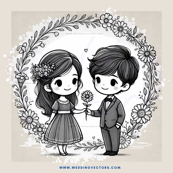 a boy and girl holding flowers within a wreath