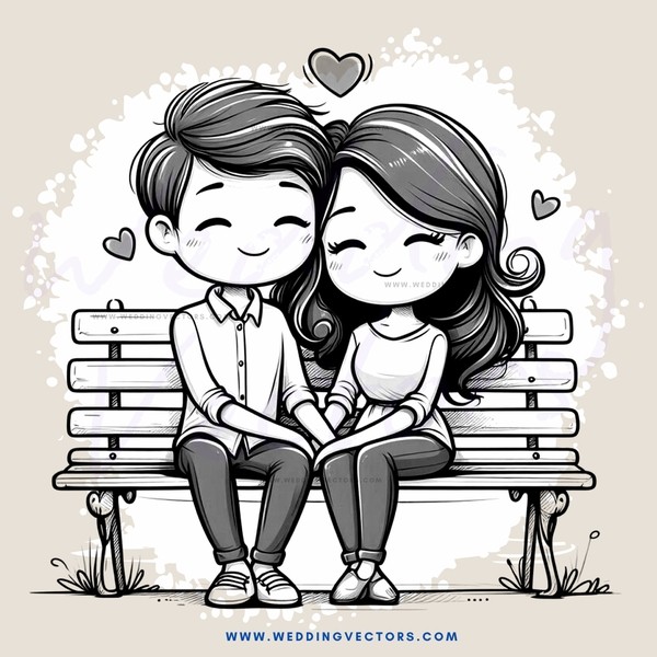 a couple sitting on a bench with hearts and flowers