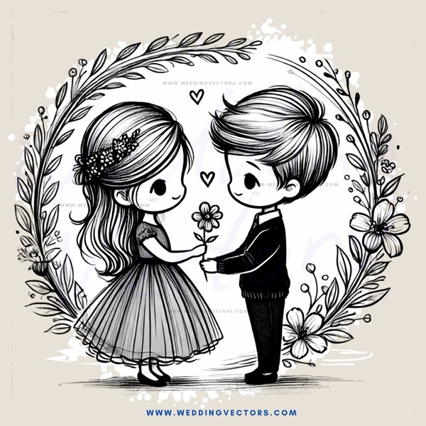 a boy and girl holding hands with flowers