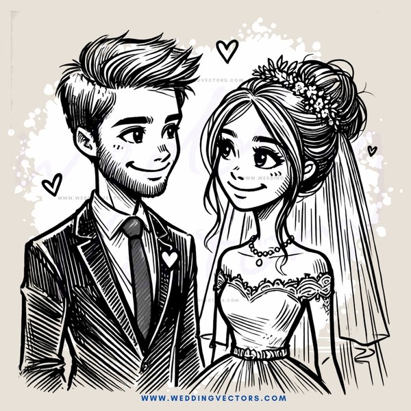 a wedding cartoon with two smiling people