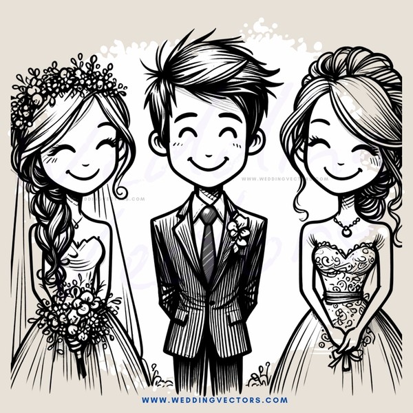 three smiling people wearing wedding attire