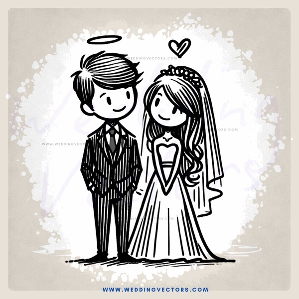 bride and groom standing together with angel above bride