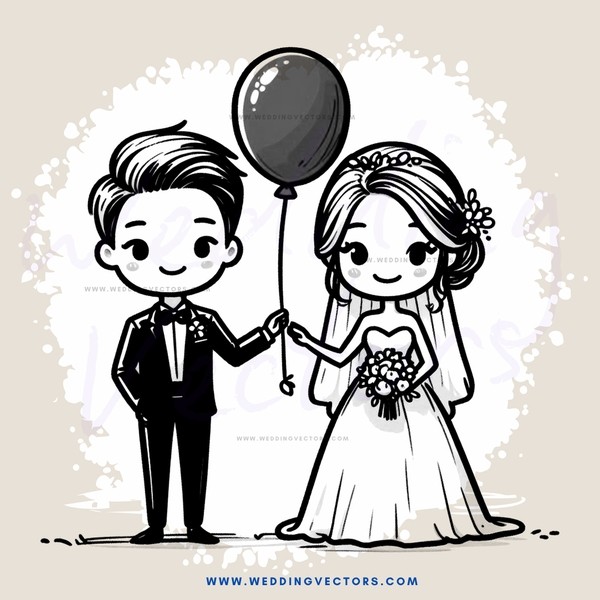 a bride and groom with balloon