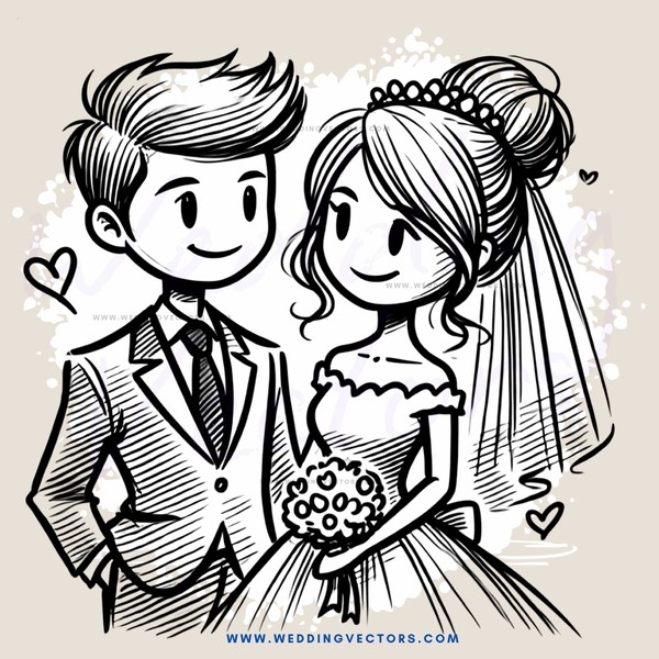 a bride and groom in wedding attire