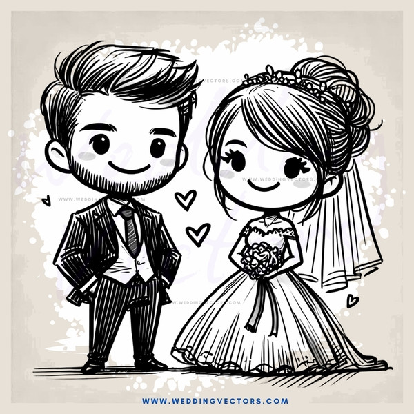a bride and groom in black and white cartoon