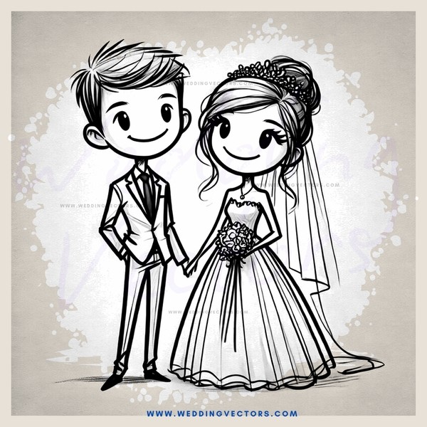 a smiling bride and groom in wedding attire