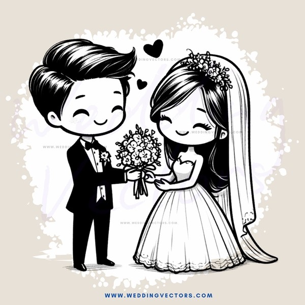 a bride and groom with flowers