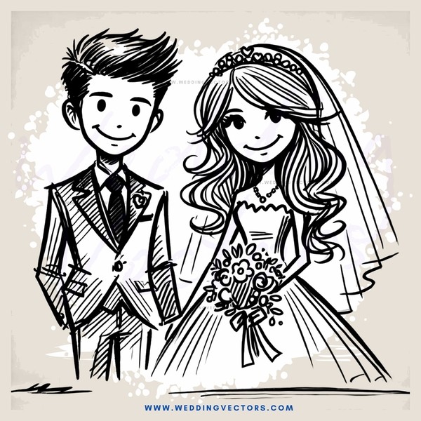 wedding couple in black and white cartoon drawing