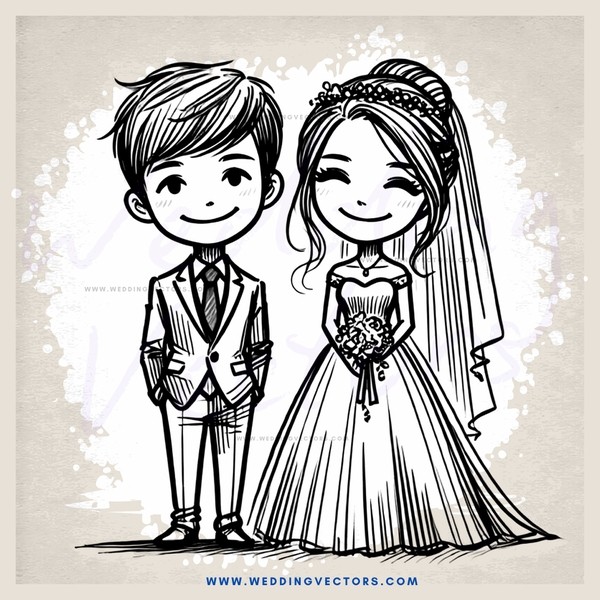 a bride and groom cartoon drawing