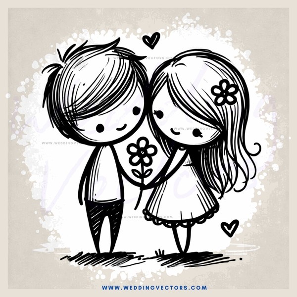 a couple standing together with flowers and hearts