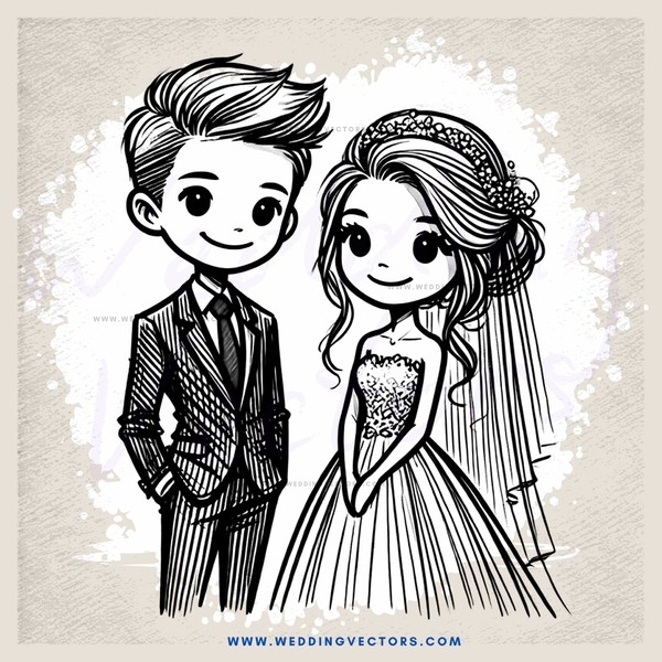 wedding cartoon - groom and bride smiling at each other