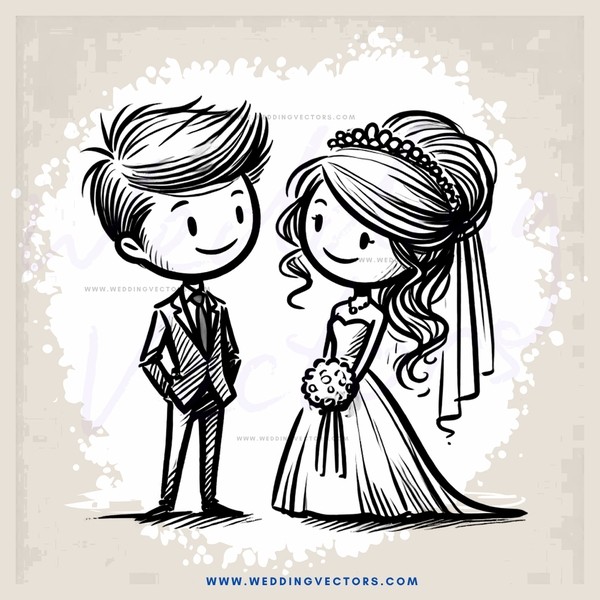 a couple standing together in wedding attire