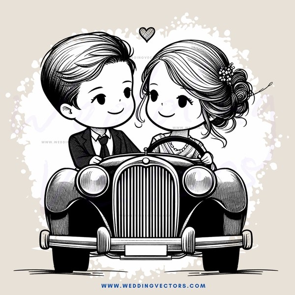 a man and woman sitting in a car with hearts above their heads