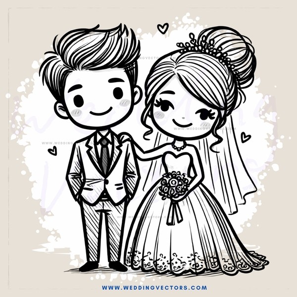 wedding couple in black and white cartoon style