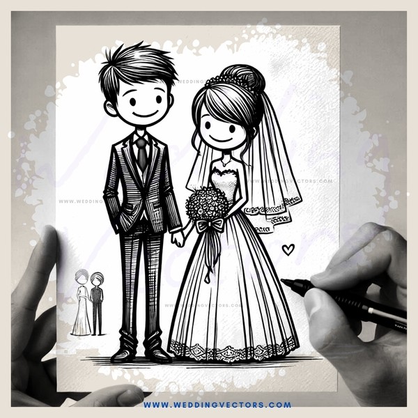 marriage vows for kids cartoon character couple (monochrome)