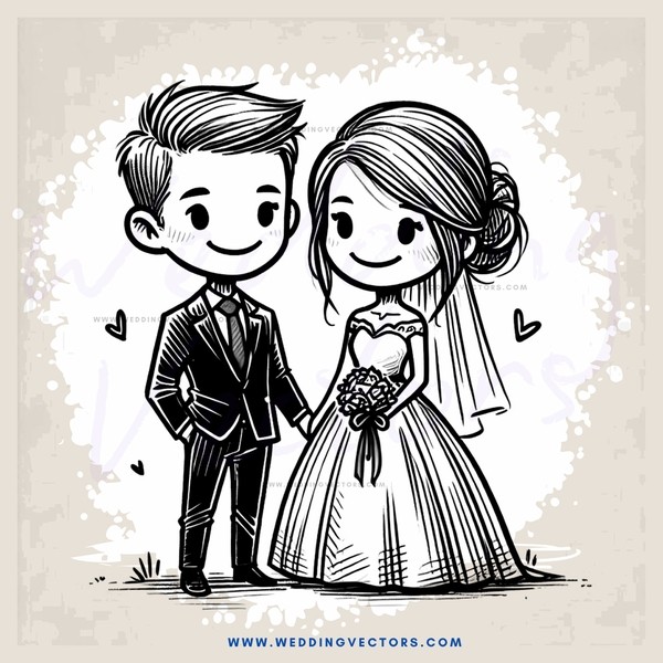 bride and groom with hearts around them