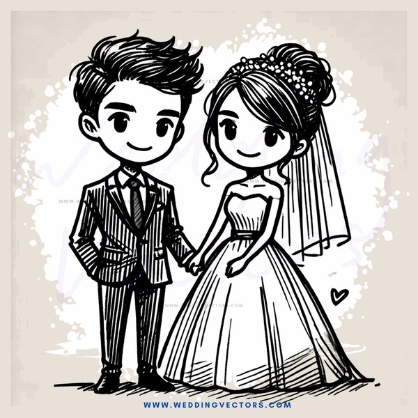the bride and groom in their wedding attire