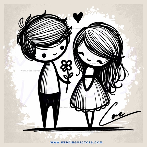 a boy and girl holding hands and flowers