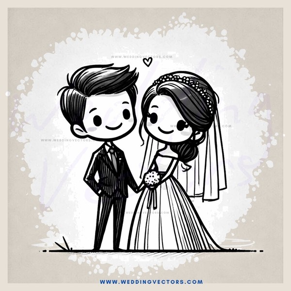 cartoon groom and bride standing together in wedding gown and suit