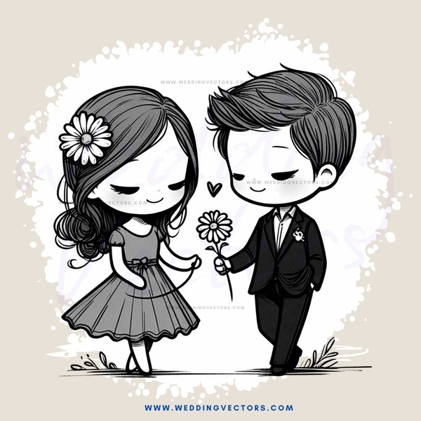 a couple holding flowers and smiling at each other