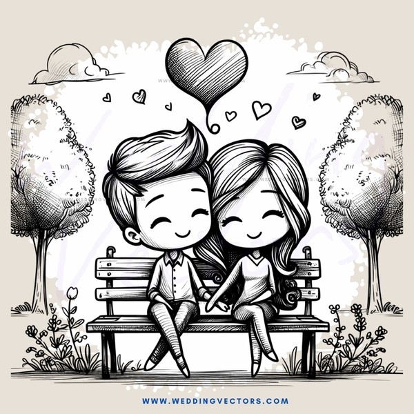 a boy and girl sitting on a bench in love