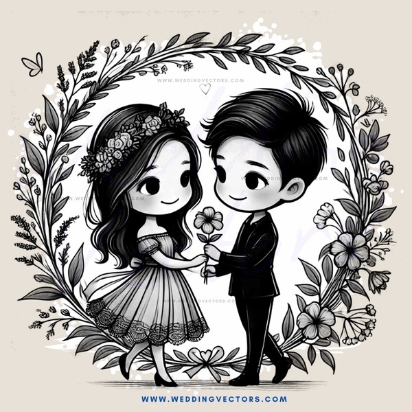 a couple holding flowers in a black and white illustration