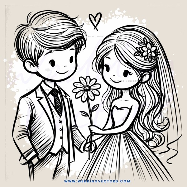 a bride and groom with flowers