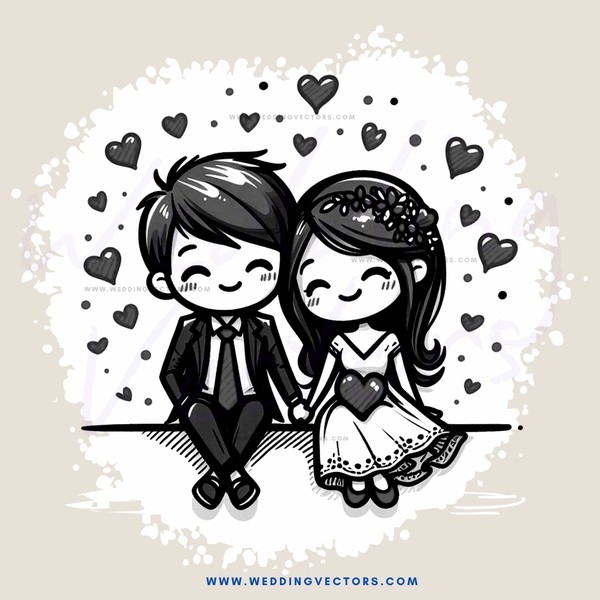 a couple sitting together with hearts around them