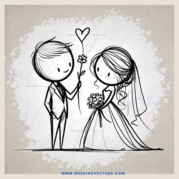 an illustrated wedding bride and groom with flowers