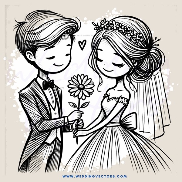 a bride and groom hold a flower