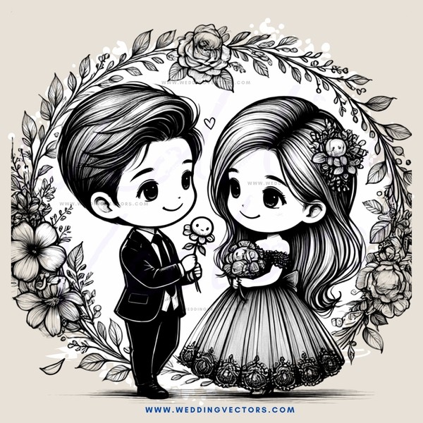 couple standing in nature with flowers and leaves