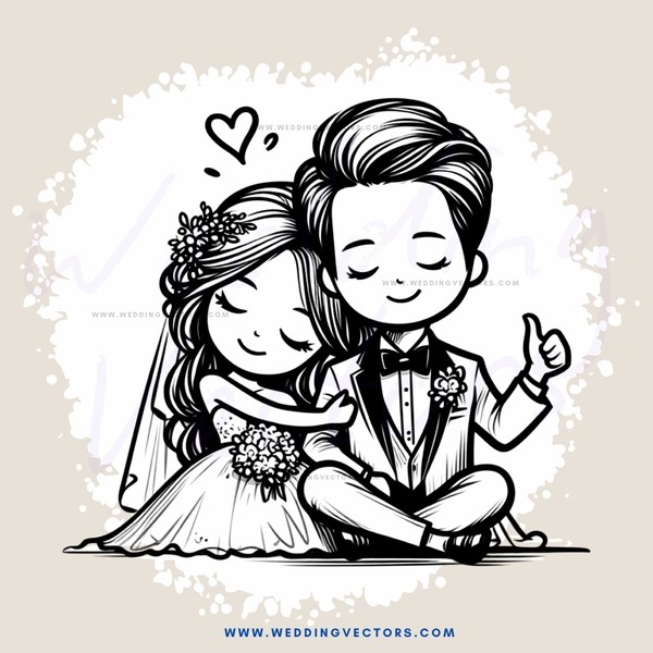 couple's wedding picture with thumbs up sign and heart