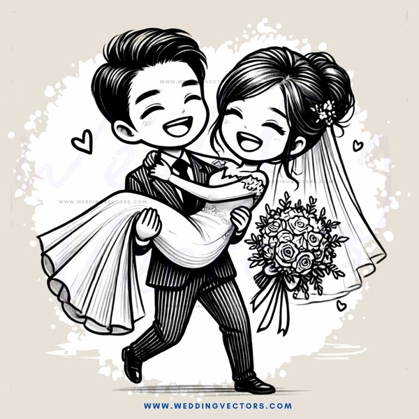 a newlywed couple hugging and holding flowers