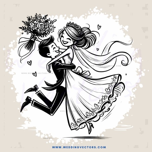 a bride and groom jumping in a wedding picture