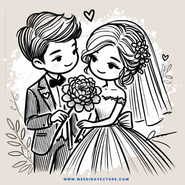 a cartoon couple holding flowers