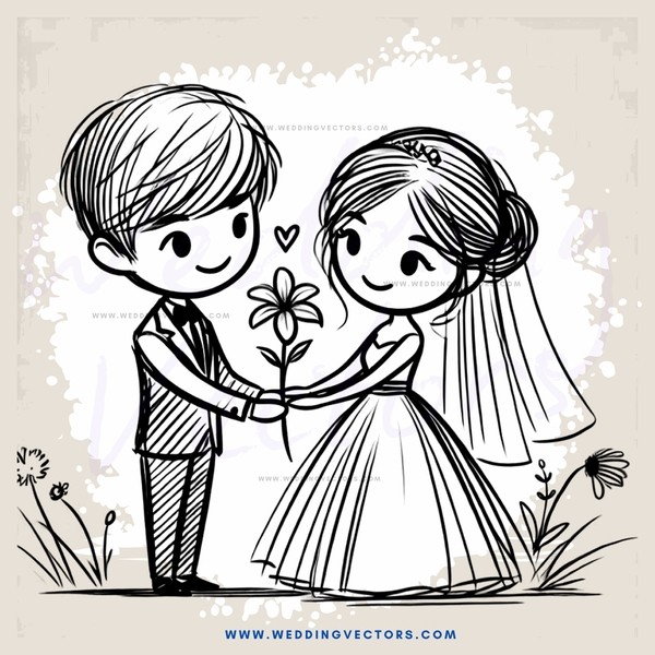 a bride and groom sharing a flower