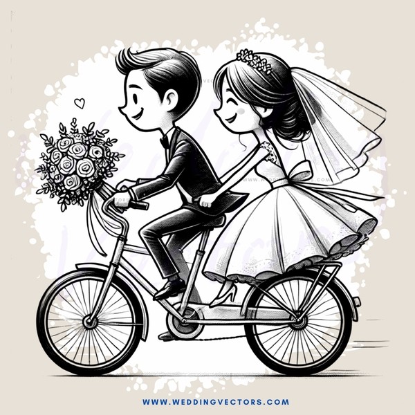 a bride and groom on a bike