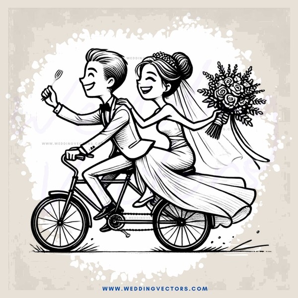 a bride and groom ride on a bike
