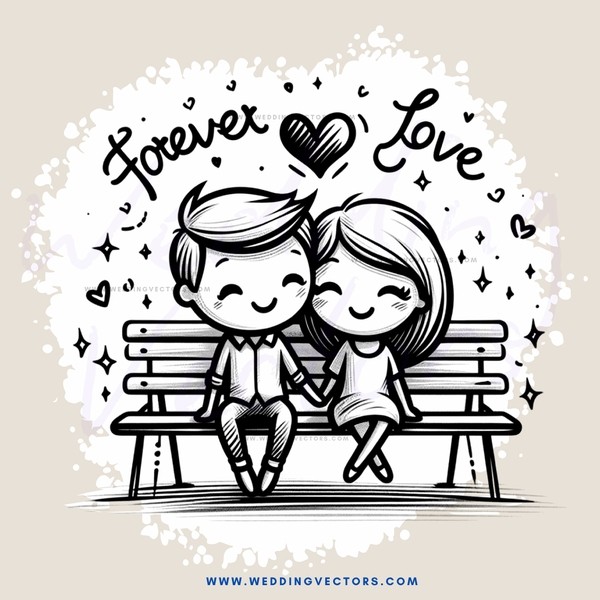couple in love sitting on bench with decoration and words above their heads