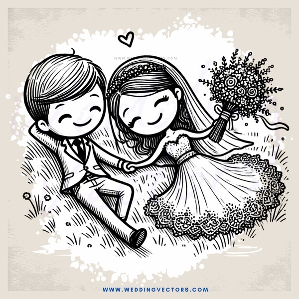 a bride and groom on a grassy field