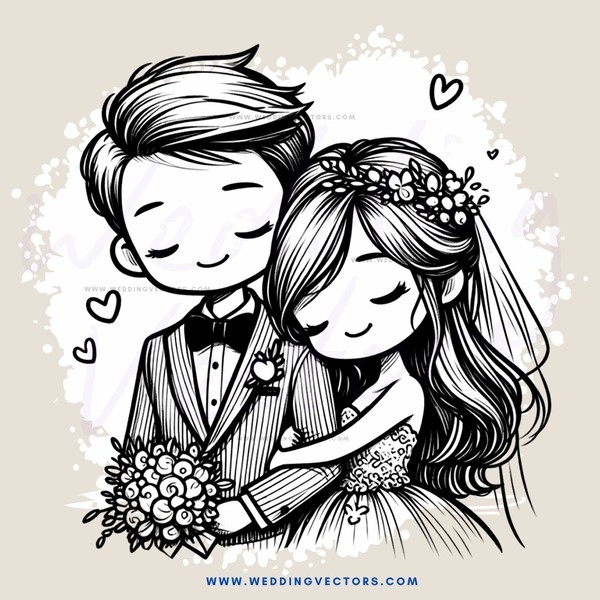 newlywed couple hugging and smiling with flowers