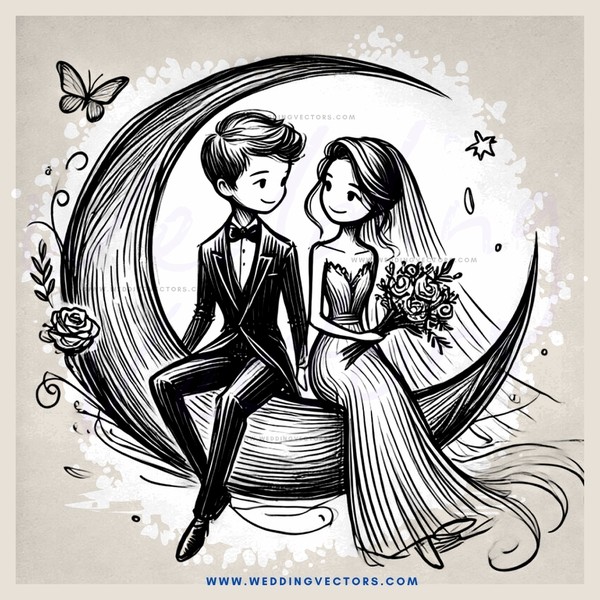 couple sitting under a moon, holding flowers and each other