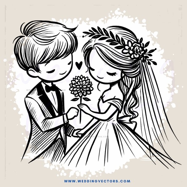 a bride and groom sharing an orange flower