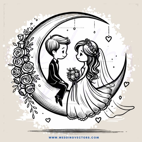 a bride and groom in a moonlit garden