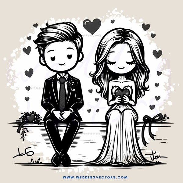 a man and woman sit together on a bench with flowers, hearts, and cards