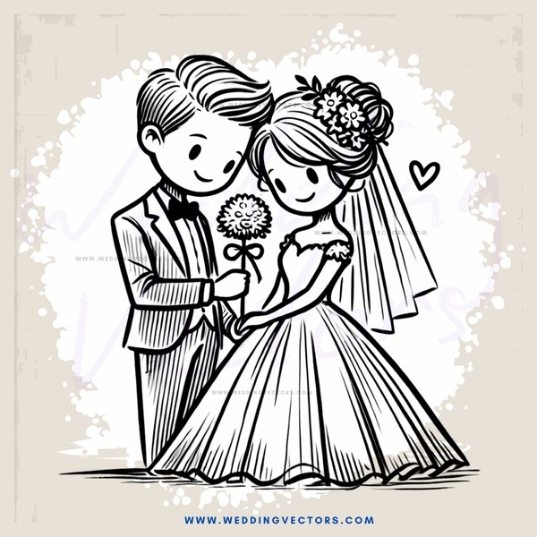 bride and groom in black and white cartoon drawing