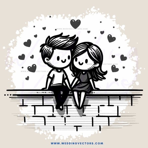 a couple sitting on bricks with hearts in the background
