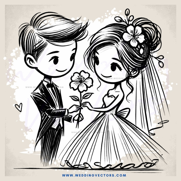 groom and bride in wedding gowns, holding flowers posing for picture